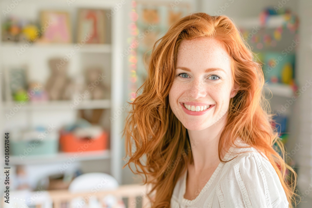 Redhead mom smiling in her children's playroom. Young woman standing in a room full of toys. Redhead mom smiling in her children's playroom. Young woman standing in a room full of toys.