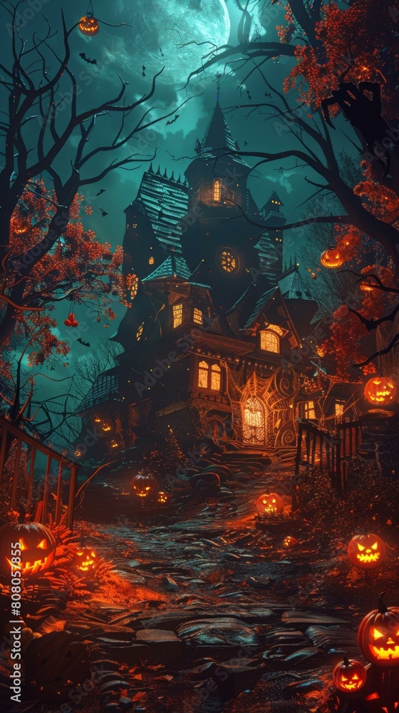A spooky haunted house with pumpkins and bats