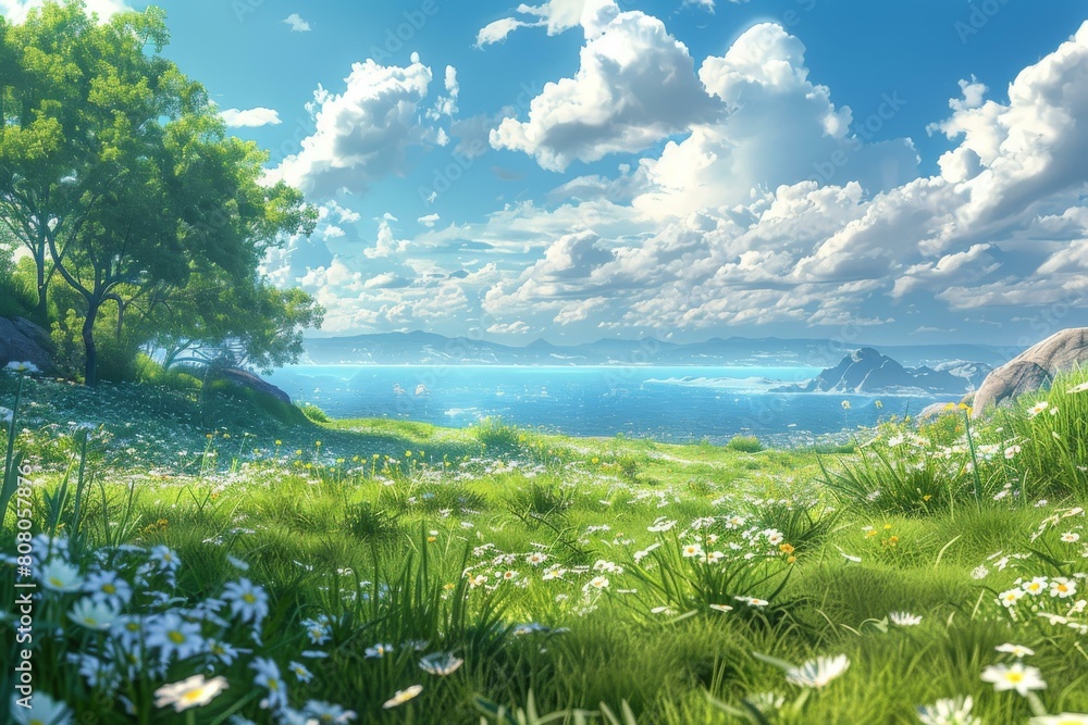 Obraz premium Tranquil Grassland and Distant Mountains