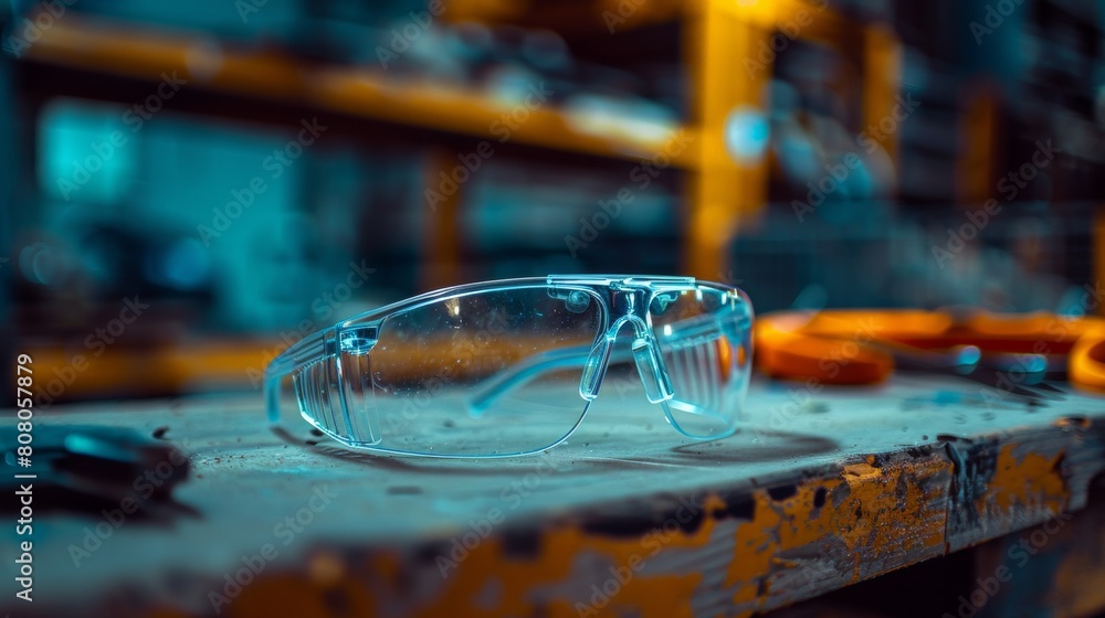 A close-up photograph of safety glasses perched on a workbench, with transparent lenses and durable frames ready to protect the wearer's eyes