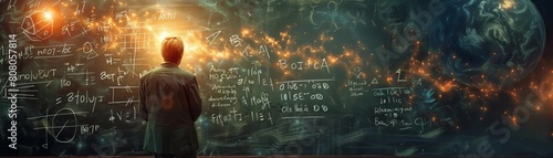 Quantum physicist at a chalkboard filled with equations, surrounded by ethereal light symbolizing spiritual insights