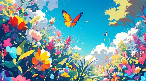 A whimsical garden scene with butterflies flitting among colorful blossoms and lush foliage. , © BackVision Studio