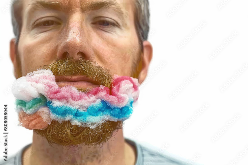 handsome bearded Caucasian man holds with colorful cotton candy clouds on beard on white handsome bearded Caucasian man holds with colorful cotton candy clouds on beard on white