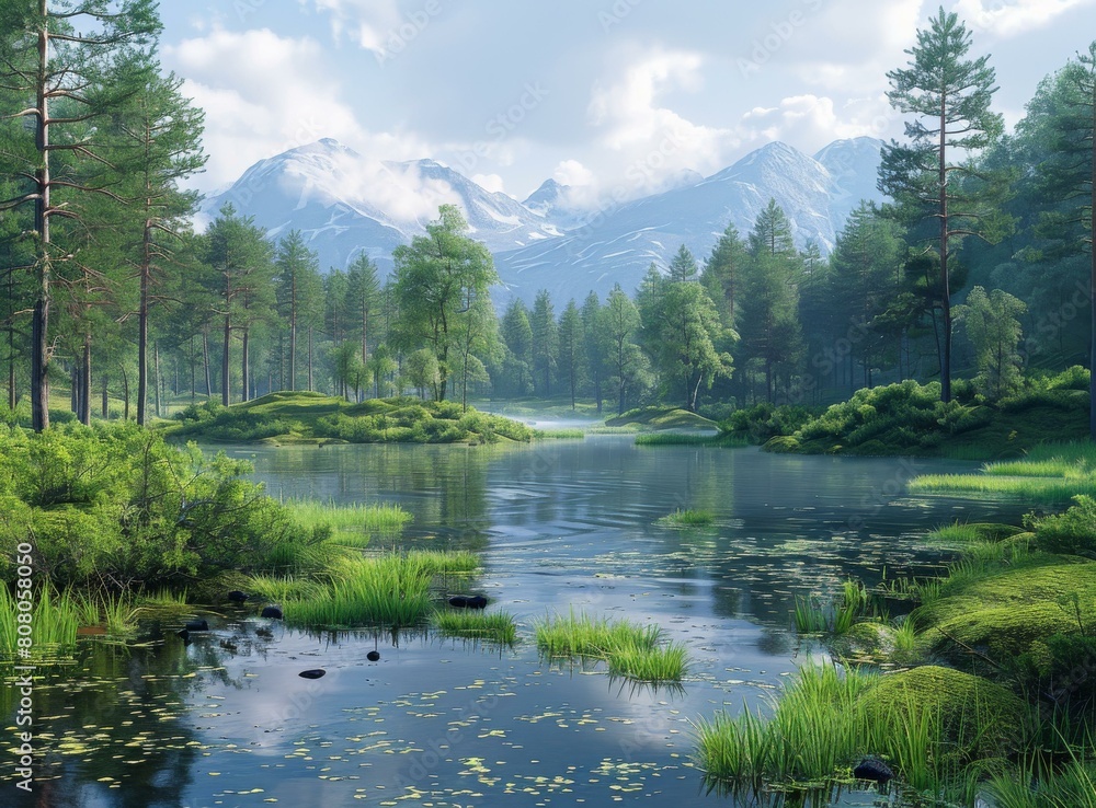 Tranquil mountain lake in a valley with dense green vegetation and snow-capped mountains in the distance