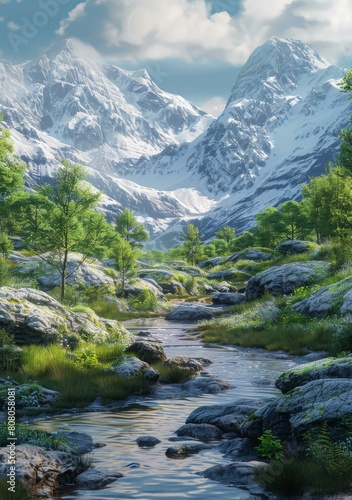 A Rocky Mountain Stream Flows Through a Picturesque Valley