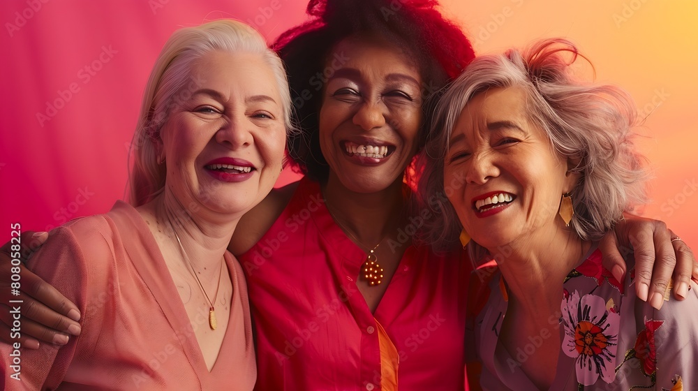 Portrait of cheerful mixed age range multi ethnic women celebrating International Womens Day : Generative AI
