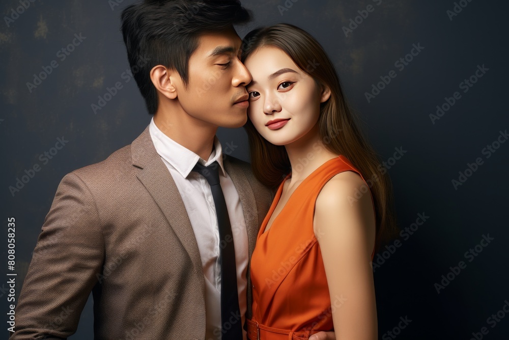 A sweet couple is expressing their royal relationship to each other by kissing on the cheek gently and romantically. A sweet couple is expressing their royal relationship to each other by kissing on the cheek gently and romantically.