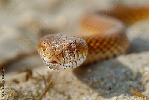 Close-up of the head of a snake in the sand