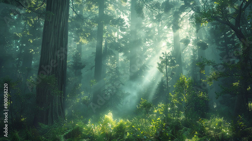 A towering redwood forest  with shafts of sunlight filtering through the canopy  illuminating the forest floor. 