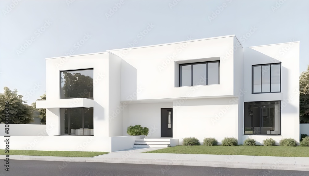 Sleek and modern house exterior. white wall theme. Generative ai Sleek and modern house exterior. white wall theme. Generative ai