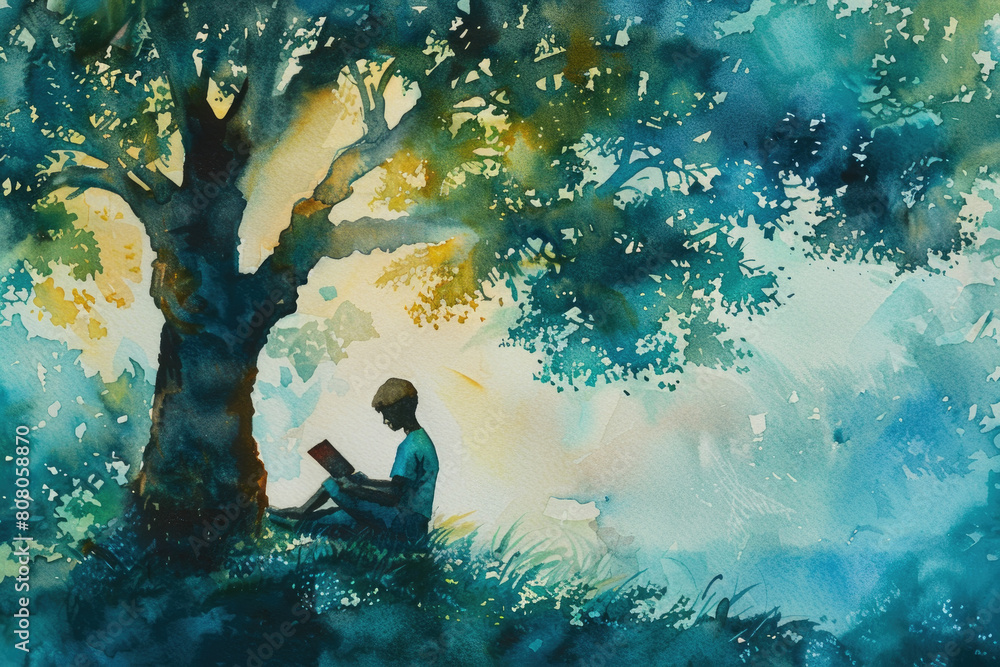 Fototapeta premium A painting depicting a person sitting under a tree in a natural setting