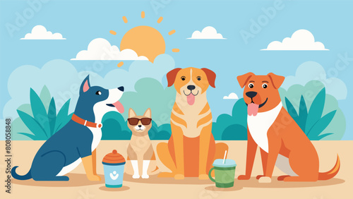 A group of panting dogs and their tired owners take a break in between rounds enjoying some refreshing water and treats under the summer sun.. Vector illustration