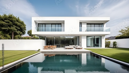 Sleek and modern house exterior. white wall theme with pond. Generative ai © Bestocker