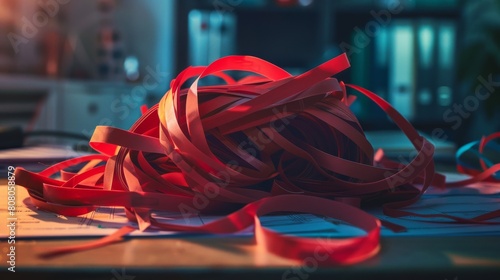 A close-up photograph of a tangled bundle of red tape on an office desk, symbolizing bureaucratic obstacles and administrative complexities in paperwork and regulations photo