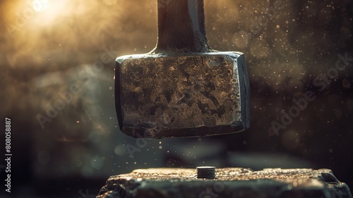 A close-up photograph of a steel hammer head poised above a nail, with sunlight glinting off its polished surface and shadows emphasizing its rugged texture photo