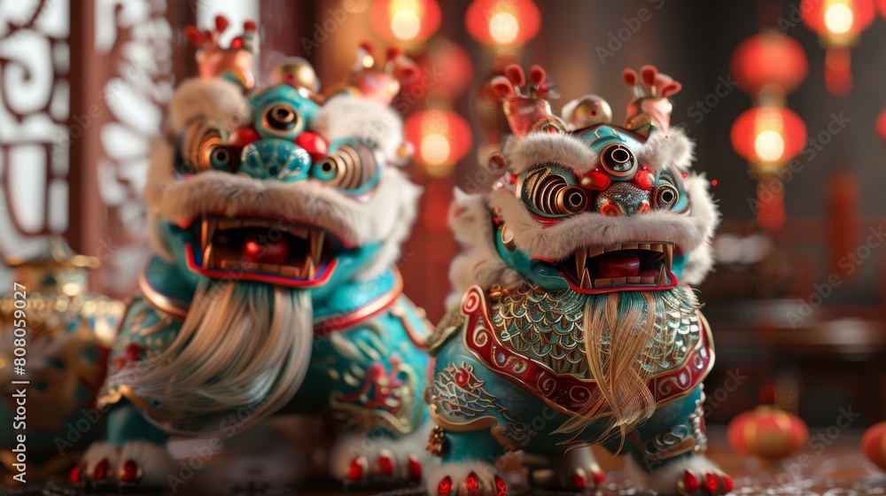Fototapeta premium A pair of blue and green Chinese guardian lions