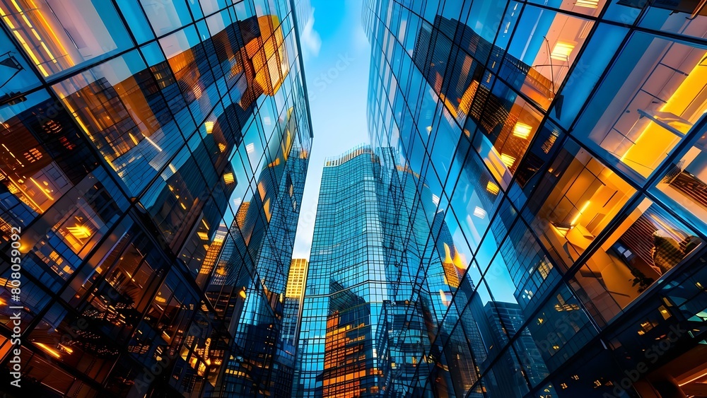 Office buildings exteriors reflect fastpaced eve. Concept Cityscape Photography, Urban Architecture, Modern Skylines, High-rise Cityscapes, Corporate Landmarks