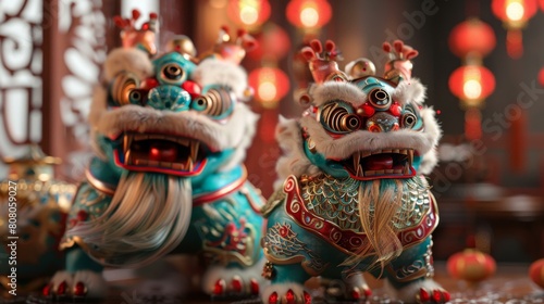 A pair of blue and green Chinese guardian lions © duyina1990