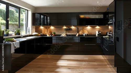 Stylish black wooden kitchen furniture with a modern design in natural light. Concept Kitchen Furniture  Black Wood  Modern Design  Natural Light  Stylish