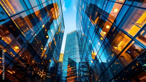 Office buildings exteriors reflect fastpaced eve. Concept Cityscape Photography  Urban Architecture  Modern Skylines  High-rise Cityscapes  Corporate Landmarks