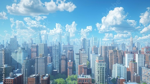 A cityscape with skyscrapers and a blue sky