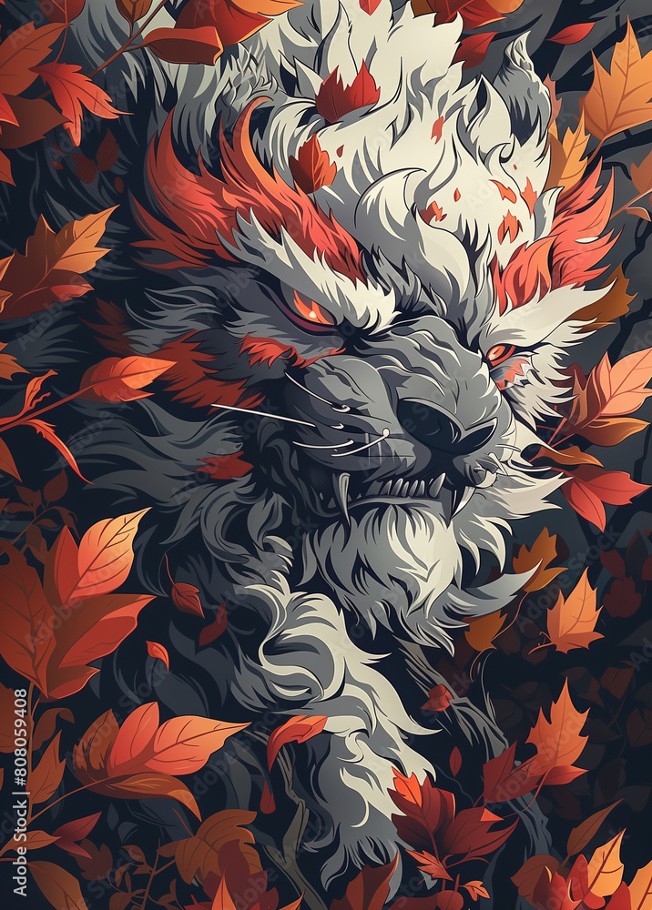a ferocious monster in a forest surrounded by autumn leaves a ferocious monster in a forest surrounded by autumn leaves