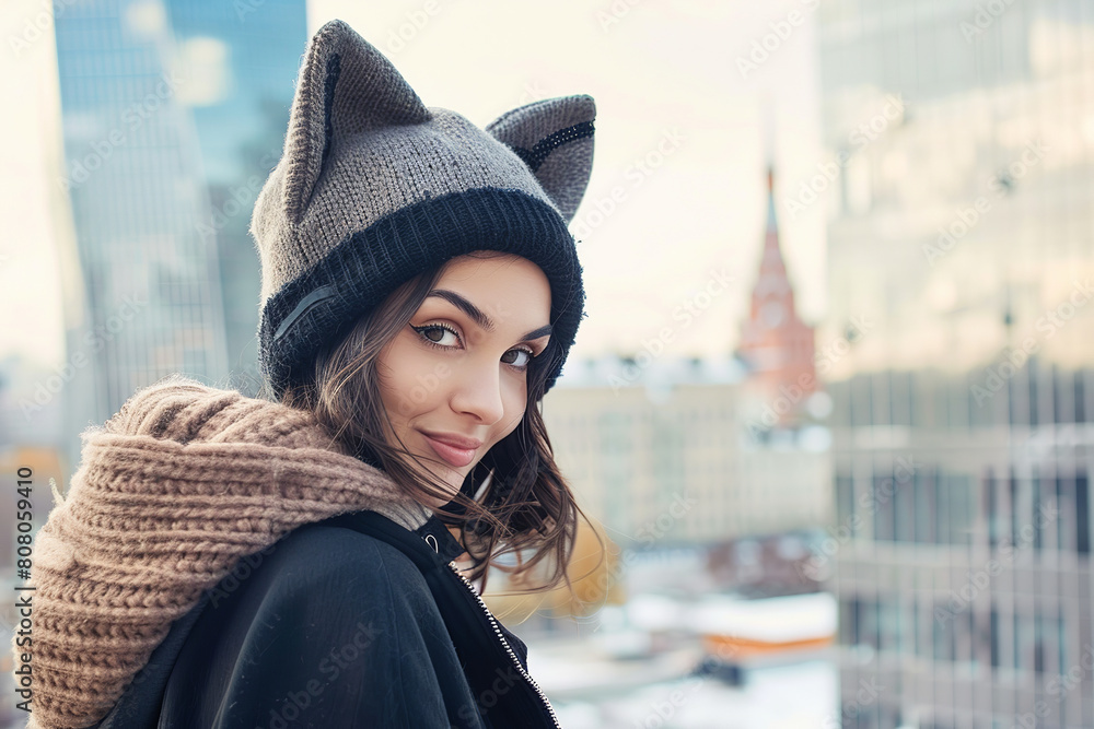 portrait of happy cute young caucasian woman wearing a pink cat ear hat, urban blurred background portrait of happy cute young caucasian woman wearing a pink cat ear hat, urban blurred background