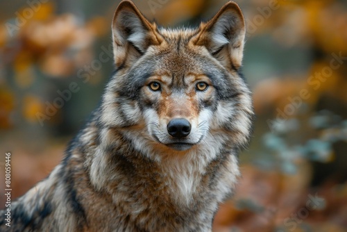 Portrait of a wolf in the autumn forest, Animal portrait