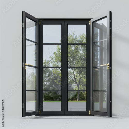 Black framed french doors open to a lush green garden © duyina1990