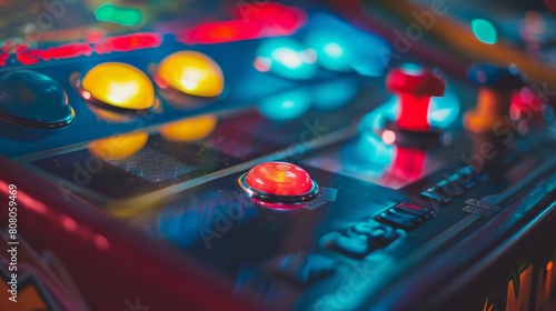 A close-up photograph of a retro arcade machine with colorful buttons and joysticks, evoking memories of hours spent playing classic video games, photo