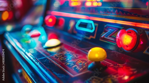 A close-up photograph of a retro arcade machine with colorful buttons and joysticks, evoking memories of hours spent playing classic video games, photo