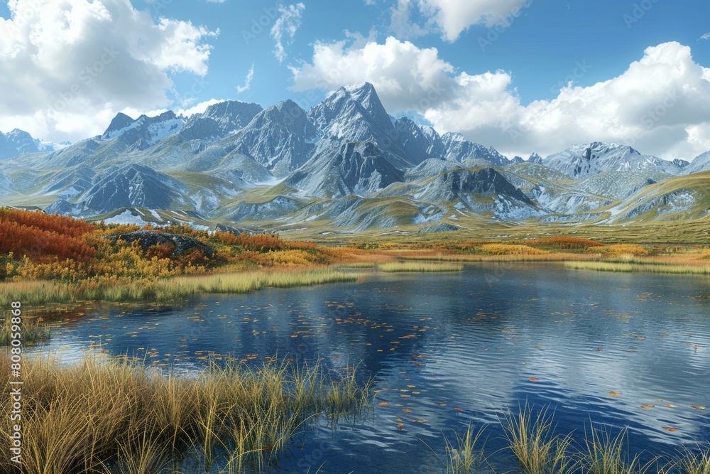 Mountains, lake and autumn leaves