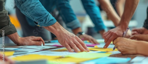 A group of people are working together on a project. They are using sticky notes to brainstorm ideas. The image is taken from a top-down perspective.