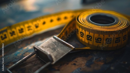 A close-up photograph of a retractable tape measure coiled up neatly, with inches and centimeters marked along its length and a sturdy metal clip attache photo