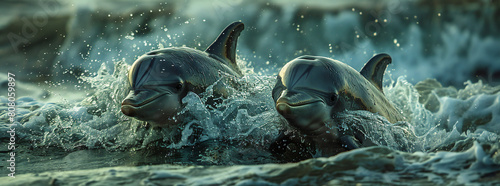 Dolphin Couple Jumping in Ocean Waves photo