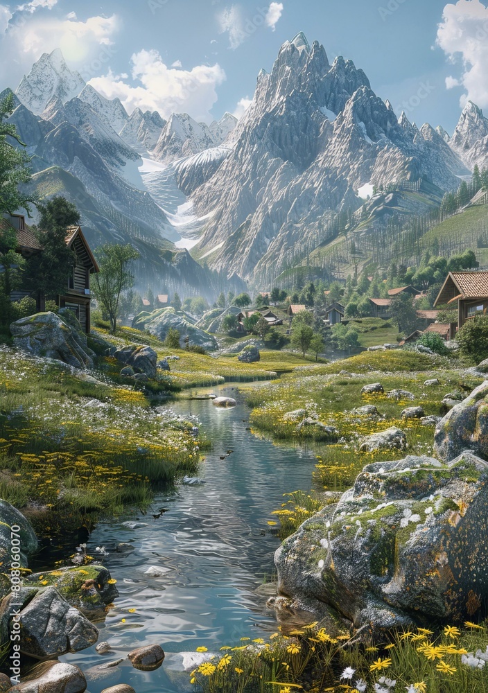 A river flowing through a valley in the Swiss Alps A river flowing through a valley in the Swiss Alps