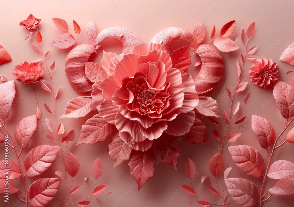 Pink flowers and leaves form a heart shape Pink flowers and leaves form a heart shape