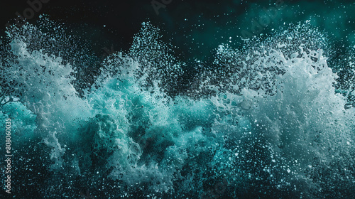 A sudden burst of turquoise and teal powder, capturing the essence of a tropical sea wave crashing against a night sky, with each grain of powder detailed and vivid.