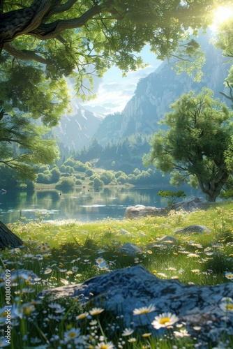 The sun shines through the forest and reflects off the lake  with green mountains in the distance