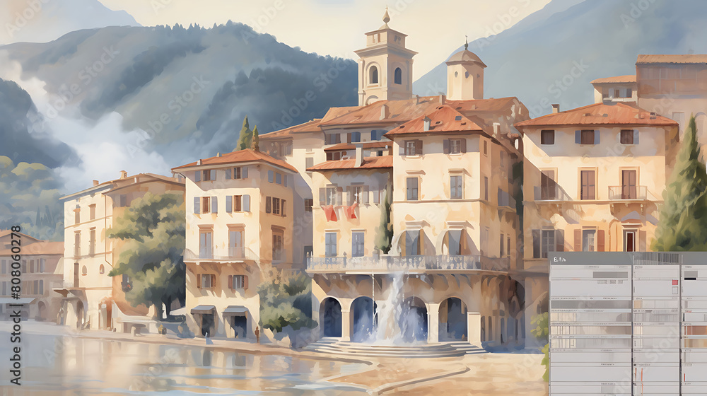 Create a watercolor background capturing the historic elegance of an Italian piazza in the early morning, before the crowds arrive