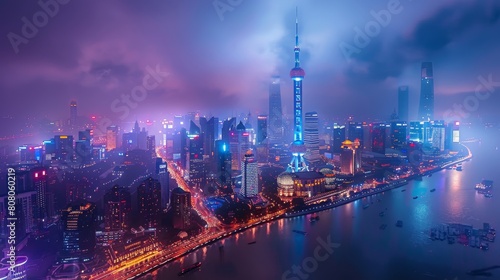 A panoramic view of the Shanghai skyline at night  with skyscrapers illuminated and bustling streets below. The photo captures an aerial perspective from above