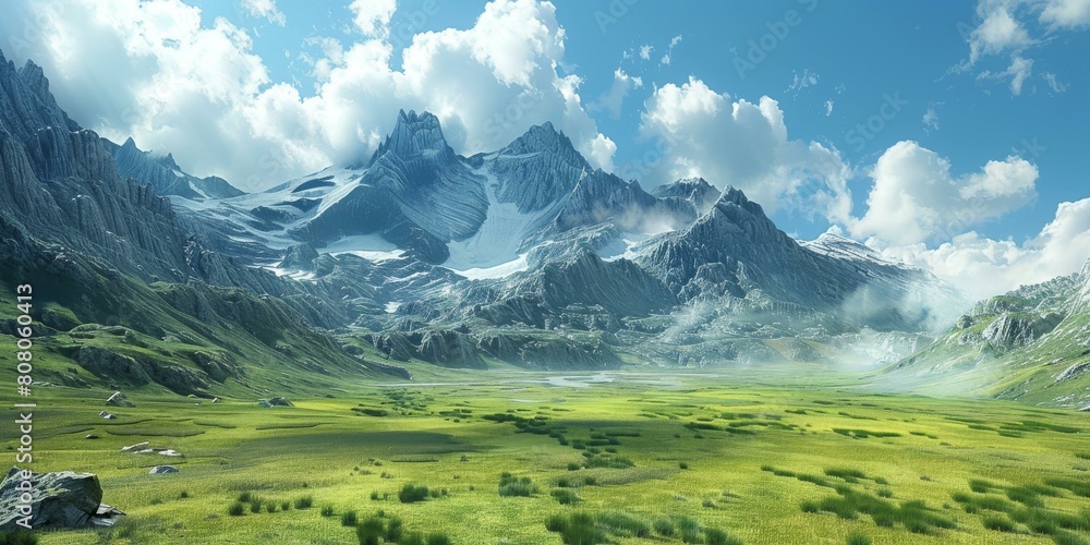 fantasy landscape with snow capped mountains and green fields