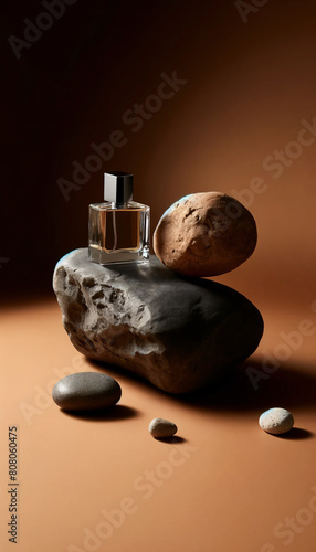 An artistic composition of a sleek perfume bottle on a rugged, dark gray rock, placed atop a smooth, tan stone
