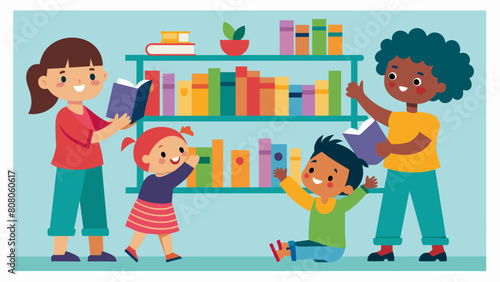 A shelf filled with colorful picture books attracting the attention of a group of toddlers who eagerly reach for their favorites.. Vector illustration