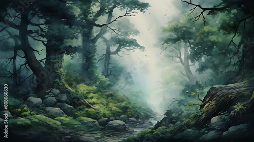 Create a watercolor background capturing the mystical atmosphere of an ancient forest in the fog