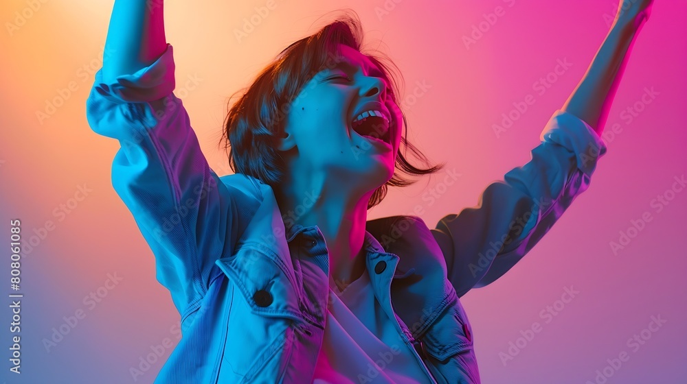 Photo of ecstatic lady shout loud yeah fist up raise win lottery isolated bright shine color background : Generative AI