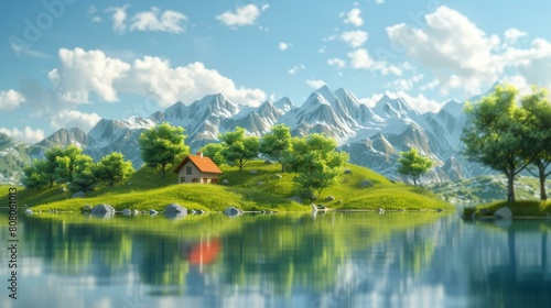 Small house on the lake with snow mountain background