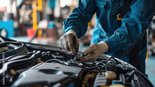 A mechanic is working on a car engine