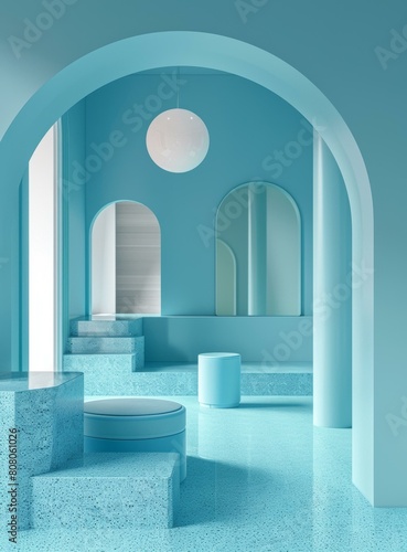 Blue minimalist geometric space with podium and archways