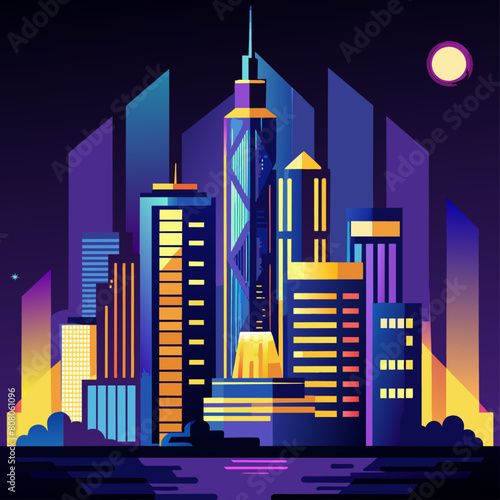 Brightly lit skyscraper silhouettes at night for business or urban lifestyle content  future neon city  neon city backgrounds  4k backgrounds to download
